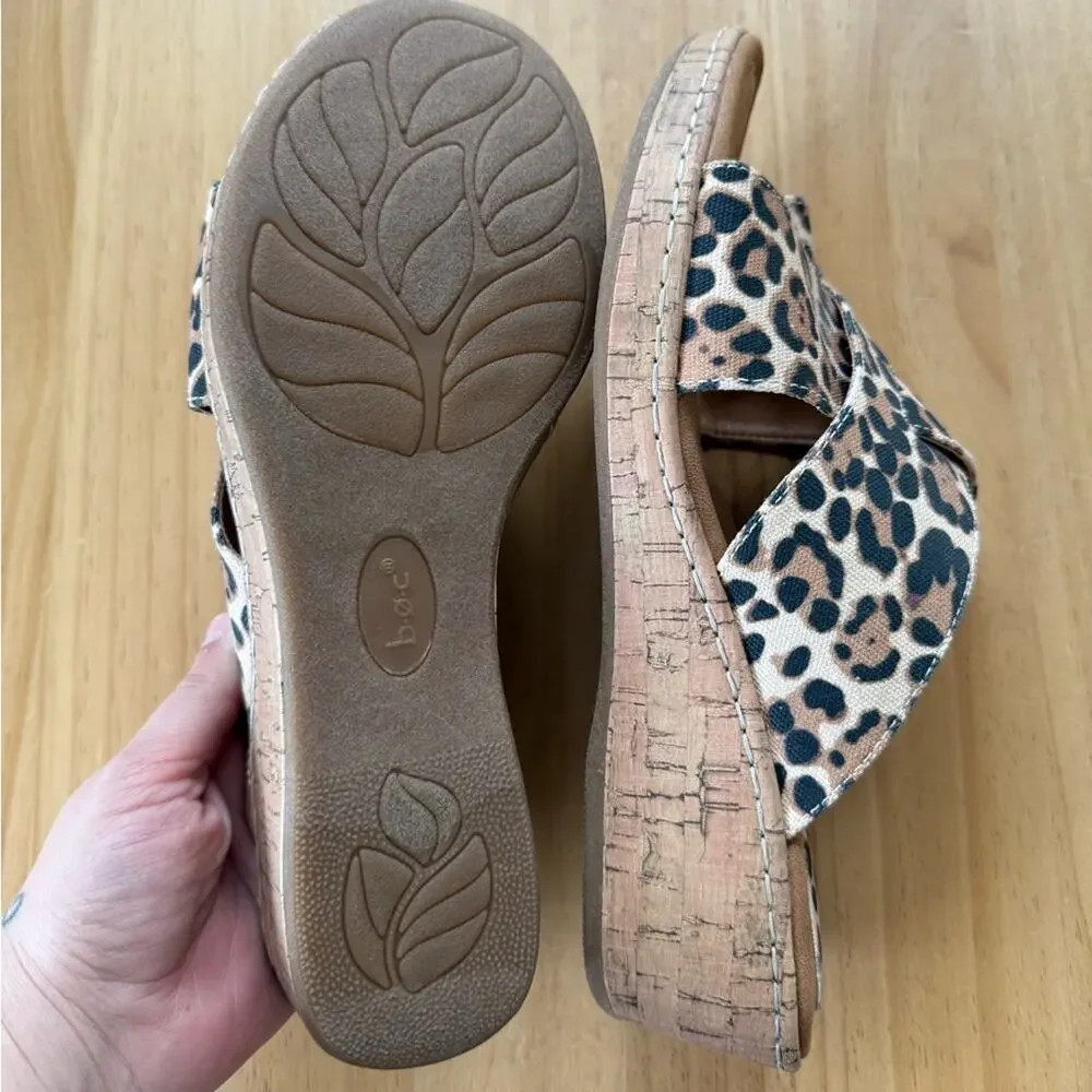 Born BOC Women’s Sz 11 Animal Print Wedge Sandals Brown Leopard Cheetah - Picture 6 of 7
